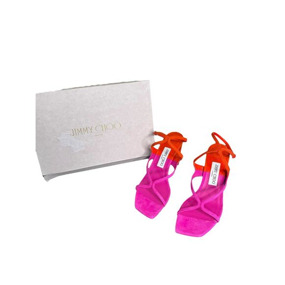 Jimmy Choo NIB Azia 85mm Two-Tone Sandals in Fuchsia and Paprika Size 38.5 - Picture 6 of 9